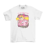 Remera blanca de manga corta con estampado frontal de Helga Pataki, personaje de Hey Arnold, rodeada de flores y con la frase Let's talk about feelings.