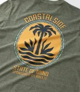 Remera de hombre, modelo comfort, color verde oliva desteñido, con cuello redondo y manga corta. Presenta un pequeño estampado en el pecho con lettering en tonos naranjas que dice "COASTALSIDE".