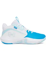Championes de básquetbol Under Armour modelo Lockdown 7, con diseño en blanco y azul. Presentan parte superior de malla transpirable con superposiciones de cuero sintético, entresuela de EVA para mayor amortiguación y suela de caucho con patrón de tracción en espiga.