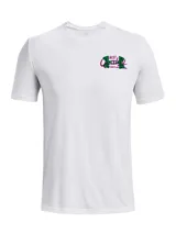 Remera Under Armour color blanco de manga corta, con cuello redondo acanalado y un pequeño estampado gráfico en el pecho.