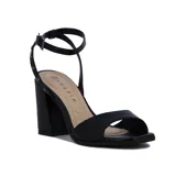 Sandalias de tacón cuadrado forrado, color negro, con tira delantera y pulsera al tobillo con hebilla ajustable.