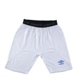 Short térmico de compresión color blanco, con cintura elástica negra con logo de la marca y logo Umbro estampado en azul en la pierna.