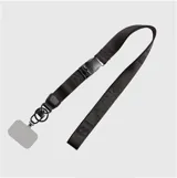 Correa para celular de cinta negra con el logo estampado en relieve, incluye hebilla de ajuste, herrajes metálicos y adaptador universal para carcasa.
