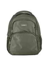 Mochila de diseño moderno y funcional en color verde militar, confeccionada en material resistente de acabado liso. Cuenta con un amplio compartimento principal con cierre, un bolsillo frontal de gran tamaño, bolsillos laterales de red elástica y correas ajustables acolchadas con material respirable en la parte trasera.