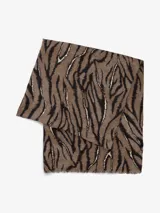 Bufanda negra con estampado de flores en tonos beige y marrón, con centros dorados.