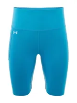 Calza corta deportiva azul con cintura alta y logo de la marca en la pierna izquierda.