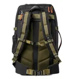 Mochila negra de 55 litros con múltiples bolsillos y compartimentos, incluyendo uno para laptop de hasta 16 pulgadas. Cuenta con correas de compresión laterales, correa de pecho y cinturón de cadera plegable.