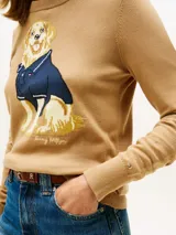 Sweater de cuello redondo Tommy Hilfiger, confeccionado en algodón, con diseño intarsia de un perro con chomba en el frente y detalle de insignia en el puño.