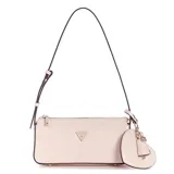 Cartera tipo baguette Guess modelo Isobel, color rosa, con diseño estructurado, cierre superior, herrajes dorados y logo triangular frontal. Incluye un charm colgante en forma de corazón y correa ajustable.