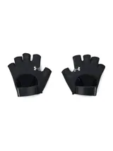 Guantes de entrenamiento Under Armour sin dedos, diseñados con tejido resistente y transpirable en el dorso. Presentan palma de microfibra con perforaciones para ventilación, estampado de silicona para mayor agarre y correa ajustable con velcro en la muñeca.