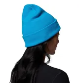 Gorro tipo beanie de punto acanalado en color azul brillante, con diseño de puño enrollado y parche rectangular con el logo de Columbia en el frente.