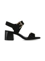 Sandalias de taco ancho negro en nobuck, con tiras en la capellada y en el talón ajustables mediante hebillas metálicas doradas.