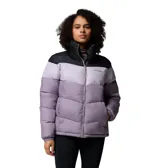 Campera puffer Columbia modelo Puffect II Colorblock, con diseño de bloques de color en tonos negro y lila, cuello alto, cierre frontal y bolsillos laterales con cremallera.