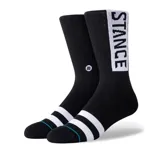 Medias negras de caña alta con tres rayas blancas en el tobillo y logo de la marca en el lateral.