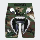 Calzoncillos bóxer estampados con diseño de camuflaje militar, helicóptero, boca de tiburón y texto "War is hell".