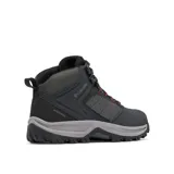 Bota de senderismo Columbia modelo Transverse Hike, impermeable y transpirable. Presenta una combinación de cuero y malla en color negro con detalles en gris y toques de rojo en los cordones. Cuenta con entresuela TechLite para amortiguación y suela Omni-Grip para tracción todoterreno.