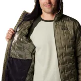Campera acolchada Columbia Delta Ridge II Down Omni-Heat color verde militar, con capucha, cierre frontal completo y bolsillos laterales con cremallera.
