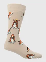 Calcetín de largo medio color beige con estampado de perros basset hound, algunos de ellos con sombrero de vaquero.