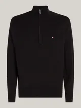 Sweater negro de Tommy Hilfiger confeccionado en algodón, con cuello perkins, cierre de cremallera corto y logo bordado en el pecho.