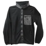 Campera de polar negro con cierre frontal completo, cuello alto y bolsillo en el pecho con cierre y detalle de logo. Cuenta con dos bolsillos laterales con cierre.