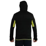 Buzo negro con cierre a mitad del torso, capucha, mangas largas con puños con orificio para el pulgar y detalles en amarillo flúor.
