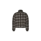 Campera puffer Off-White con diseño a cuadros en tonos gris y negro, cuello alto y cierre frontal con cremallera. Presenta el logotipo de la marca impreso en el pecho.