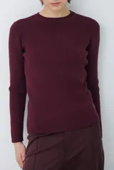 Buzo de tejido morley color marrón, con cuello redondo y mangas largas, de corte ajustado al cuerpo.