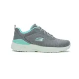 Championes Skechers Dynamight Paradise Waves, color gris con detalles en celeste. Capellada de malla tejida, plantilla Memory Foam y entresuela Skech-Air.