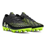 Championes de fútbol Under Armour Magnetico Select 4 FG, diseñados para un ajuste inmediato sin necesidad de adaptación. Presentan una parte superior de piel sintética con estampado 3D para mayor control, cuello textil tipo calcetín y suela de TPU con tacos cónicos para una tracción óptima en césped natural.