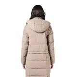 Campera larga tipo puffer color taupe, con diseño acolchado, cierre frontal, capucha y cordón ajustable en la cintura.