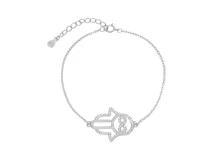 Pulsera de plata 925 con dije central en forma de mano de Hamsa, adornada con circonias brillantes y un símbolo de infinito en su interior.