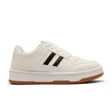 Championes urbanos de estilo deportivo, color blanco con detalles en negro en los laterales y suela de goma color caramelo. Presentan un diseño de plataforma plana y cierre con cordones.