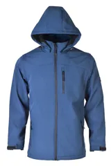 Campera azul de neopreno para hombre con capucha desmontable, cierre frontal y bolsillos laterales con cierre.