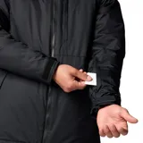 Campera técnica de invierno Columbia, color negro, con tecnología Omni-Heat y Omni-Tech. Cuenta con capucha ajustable, cierre frontal completo, bolsillos laterales con cremallera y bolsillo en el pecho con cierre sellado.