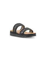 Sandalias de plataforma con dos tiras anchas negras decoradas con apliques metálicos plateados entrelazados. Presentan una plantilla de color natural y una suela dentada de poliuretano.