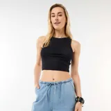 Top corto negro de diseño ajustado, con cuello redondo y sin mangas, confeccionado en tejido acanalado.