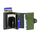 Billetera compacta de cuero sintético color verde militar, con mecanismo de apertura lateral para tarjetas y compartimento para billetes.