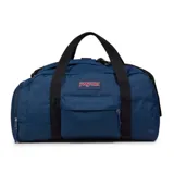 Bolso de viaje Jansport modelo Weekender Medium Duffel, color azul con detalles en negro y logo de la marca en rojo.