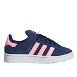 Championes Adidas Campus 00S W, color azul marino con detalles en rosa. Presentan capellada de gamuza, las tres franjas icónicas en rosa, forro interior en rosa y suela de goma blanca gruesa. El nombre "CAMPUS" está estampado en dorado en el lateral.