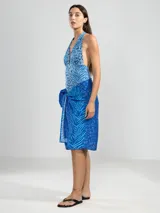 Malla enteriza con estampado animal print en tonos celeste y azul. Diseño halter con escote en V profundo. Confeccionada con tejido jacquard de poliamida y elastano con protección UV50 y resistencia al cloro, protectores solares y aceites.