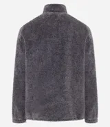 Buzo de tejido peludo color negro, con cuello alto y cierre frontal parcial. Presenta mangas largas con puños elásticos, bolsillo tipo canguro y etiqueta decorativa en el pecho.