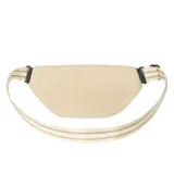 Riñonera reversible color beige con correa ajustable a rayas horizontales color beige y blanco.
