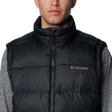 Chaleco Columbia Pike Lake II color negro, con diseño acolchado, cuello alto, cierre frontal con cremallera y bolsillos laterales con cierre. Cuenta con tecnología Omni-Heat y logo de la marca bordado en el pecho.