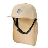 Gorro de surf Rip Curl con visera rígida, protector de cuello integrado y correa ajustable con hebilla. Presenta logo circular estampado en el frente y paneles laterales de malla para mayor ventilación.