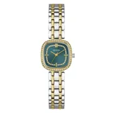 Reloj analógico Guess modelo Hazel con caja cuadrada de 25mm y correa tipo brazalete de acero inoxidable en tono combinado plateado y dorado. La esfera color verde teal presenta un acabado sunray, manecillas doradas y un marco decorado con cristales brillantes.