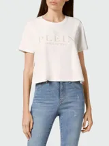 Camiseta corta blanca de algodón con logo "Plein" dorado estampado en el frente.
