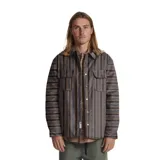 Campera con estampado a rayas verticales en tonos marrón, negro y azul, con cuello clásico, cierre frontal con botones a presión, dos bolsillos de parche en el pecho y corte recto.