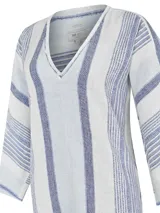 Túnica amplia de lino y algodón orgánico RKF modelo Kala, de color blanco con rayas azules, escote en V, media manga y aberturas en los costados.