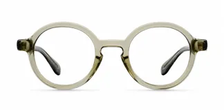 Lentes con armazón redondo de color verde claro y filtro para luz azul, fabricados en material bio-based con patillas de propionato de celulosa.