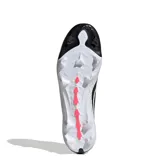 Championes de fútbol Adidas Predator League FG, color blanco con las clásicas tres tiras en fucsia y detalles en negro. Diseñados con capellada sintética texturizada y suela con tapones para terreno firme.